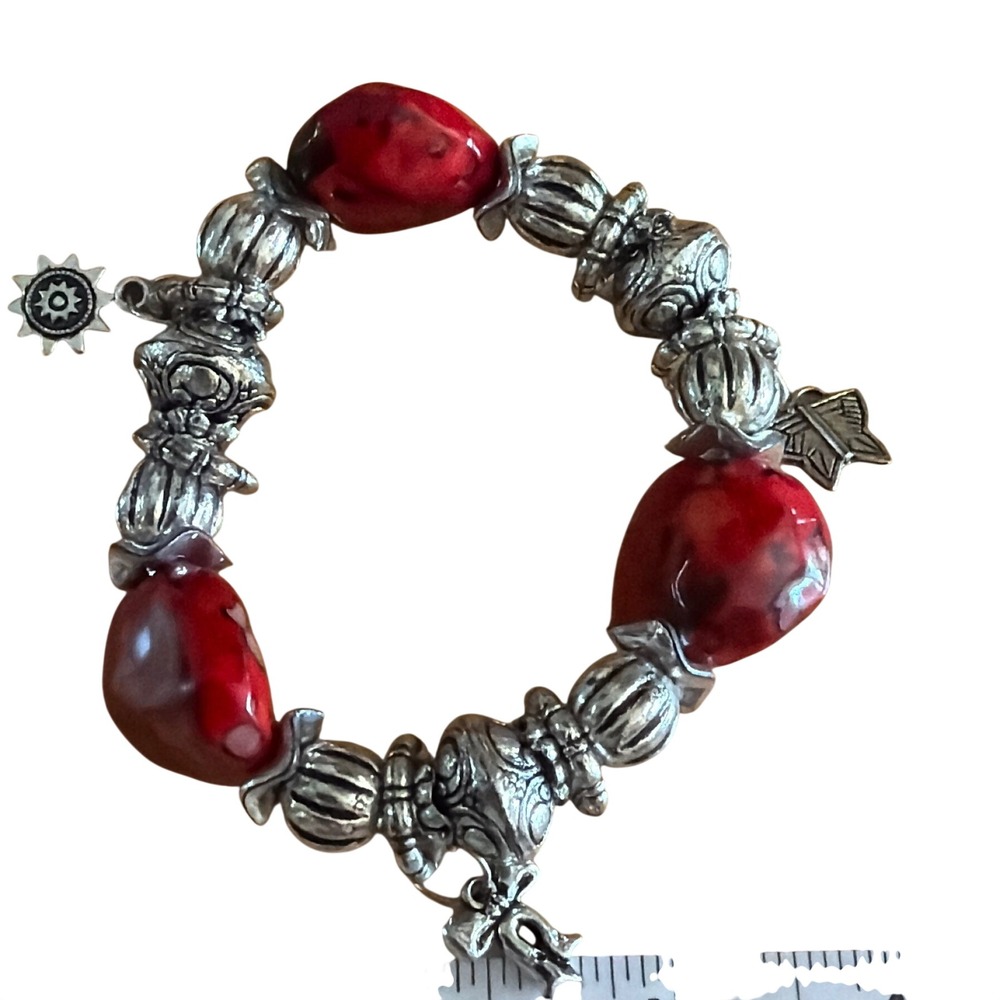 Boho Red‎ Beaded Chunky Stretch Bracelet Silver Tone Charms Butterfly Festival